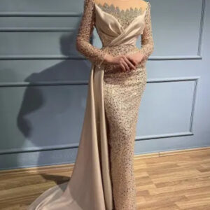 2022 Champagne Mermaid O Neck Banquet Sequin Long Sleeve Prom Dress Beaded Robe De Soiree Evening Dresses