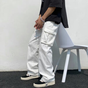 Black/white Casual Pants Men's Fashion Loose Straight Wide Leg Pants Men Streetwear Hip-hop Pocket Cargo Pants Mens Trousers